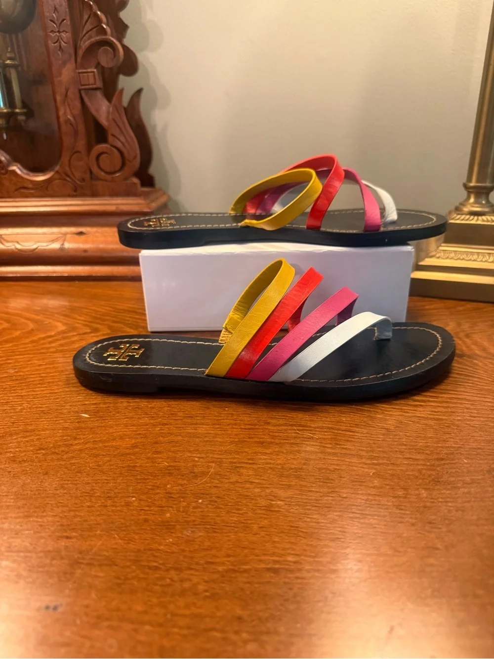 Tory Burch Patos Black Leather Slide Sandals Yellow Red Pink White Strap Size 9